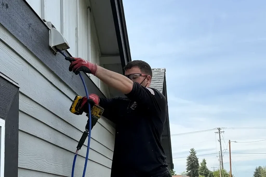 two Professional workmen's standing roof top and measuring chimney