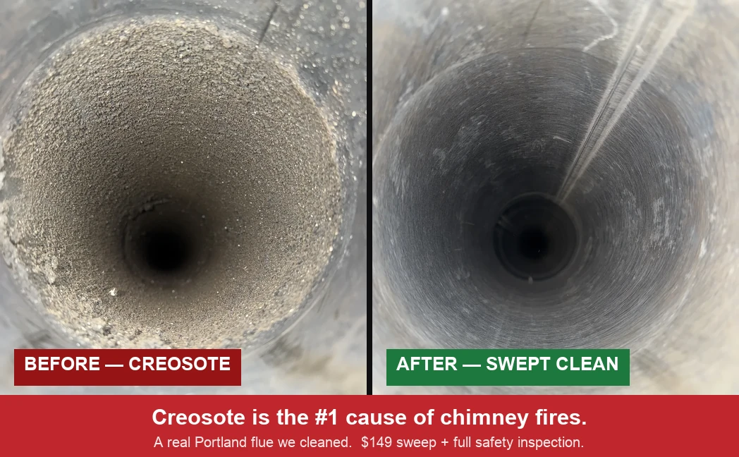 Chimney flue before and after cleaning by Perfect Chimney Portland - creosote buildup removed